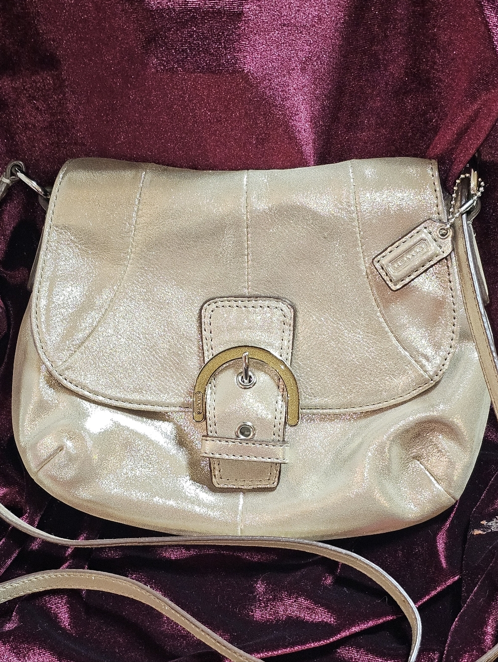 Coach Vintage Soho Flap Buckle Shoulder Bag Metallic Champagne Leather
